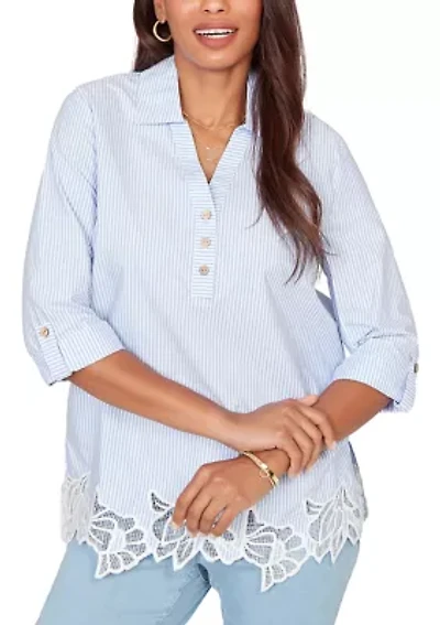 Women's Coastal Stripe Lace-Hem Henley Top