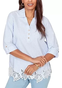 Women's Coastal Stripe Lace-Hem Henley Top