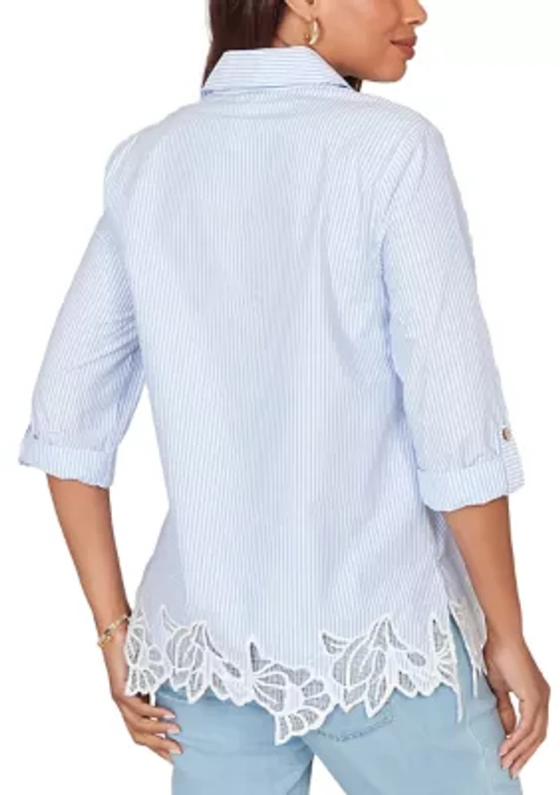 Women's Coastal Stripe Lace-Hem Henley Top