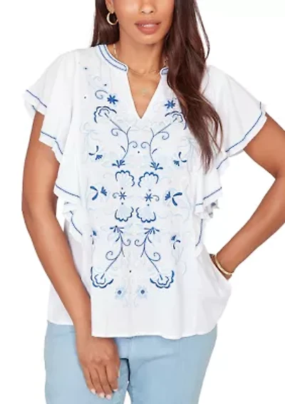 Women's Featherlight Embroidered Flutter Sleeve Shirt