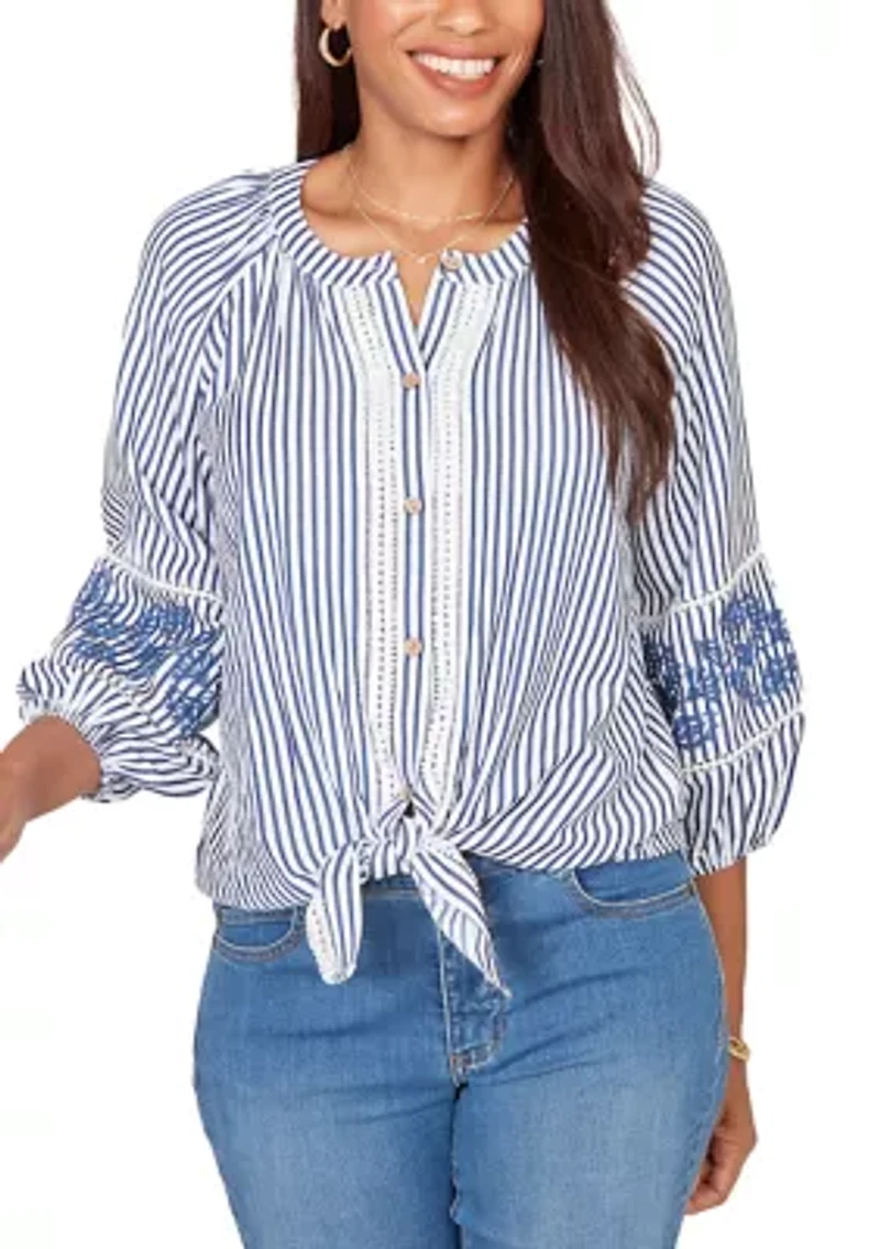 Women's Embroidered Seersucker Tie Front Henley Top