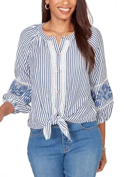 Women's Embroidered Seersucker Tie Front Henley Top