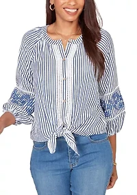 Women's Embroidered Seersucker Tie Front Henley Top