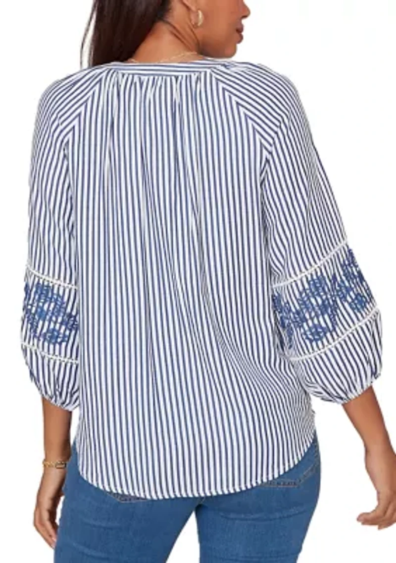 Women's Embroidered Seersucker Tie Front Henley Top
