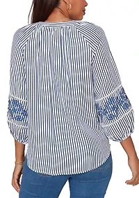 Women's Embroidered Seersucker Tie Front Henley Top