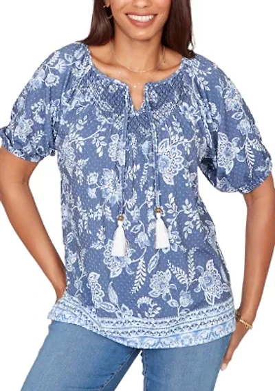 Women's Smocked Floral Clip Dot Top