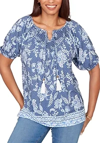 Women's Smocked Floral Clip Dot Top