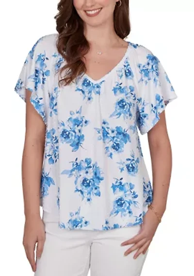 Women's Smocked Floral Clip Dot Top