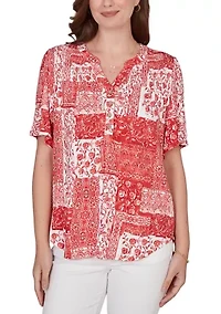Women's Patchwork Bandana Henley Shirt