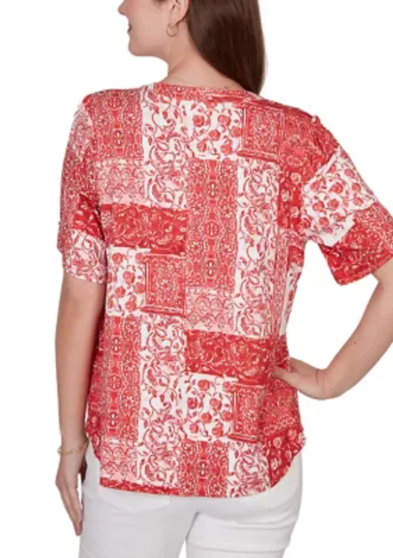 Women's Patchwork Bandana Henley Shirt