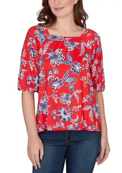 Women's Square Neck Floral Puff Print Top