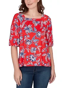 Women's Square Neck Floral Puff Print Top
