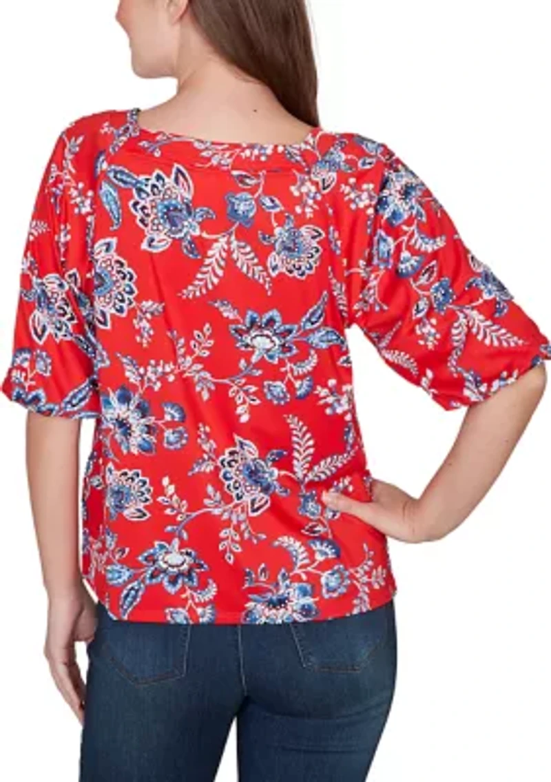 Women's Square Neck Floral Puff Print Top