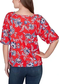Women's Square Neck Floral Puff Print Top
