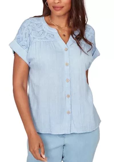 Women's Paisley Embroidered Gauze Button Shirt
