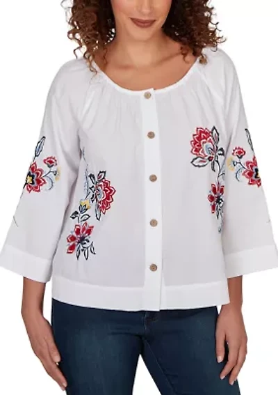 Women's Floral Embroidered Poplin Button Front Top