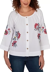 Women's Floral Embroidered Poplin Button Front Top