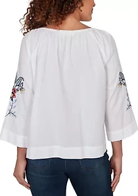 Women's Floral Embroidered Poplin Button Front Top