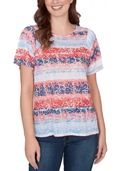 Women's Floral Stripe Shirred Sleeve Knit Shirt