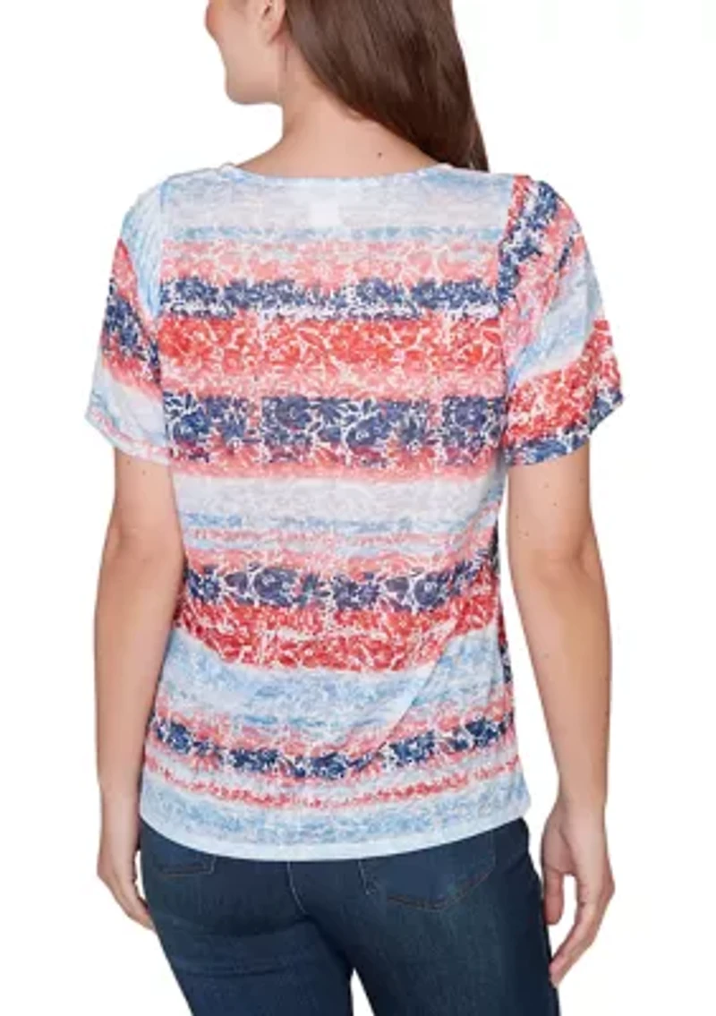 Women's Floral Stripe Shirred Sleeve Knit Shirt