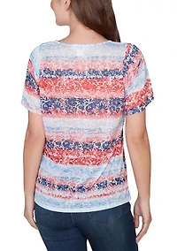 Women's Floral Stripe Shirred Sleeve Knit Shirt