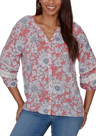 Women's Floral Silky Gauze Peasant Button Front Top