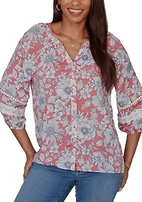 Women's Floral Silky Gauze Peasant Button Front Top