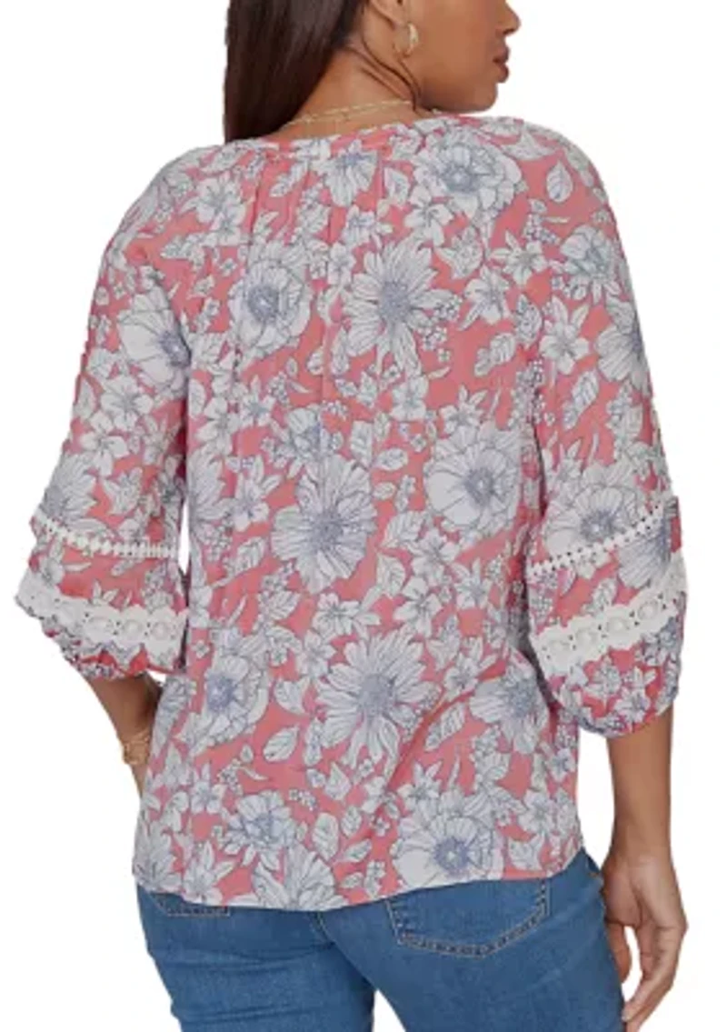 Women's Floral Silky Gauze Peasant Button Front Top