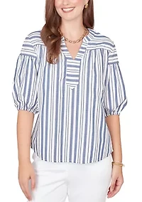 Women's Striped Cotton Poplin Elastic Cuff Top