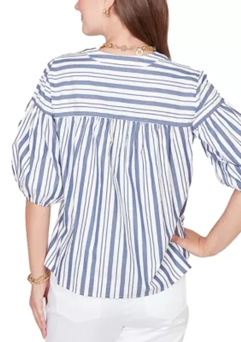 Women's Striped Cotton Poplin Elastic Cuff Top