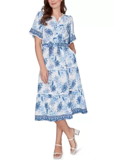 Women's Floral Toile Tie-Waist Tiered Dress