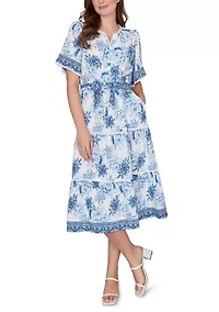Women's Floral Toile Tie-Waist Tiered Dress