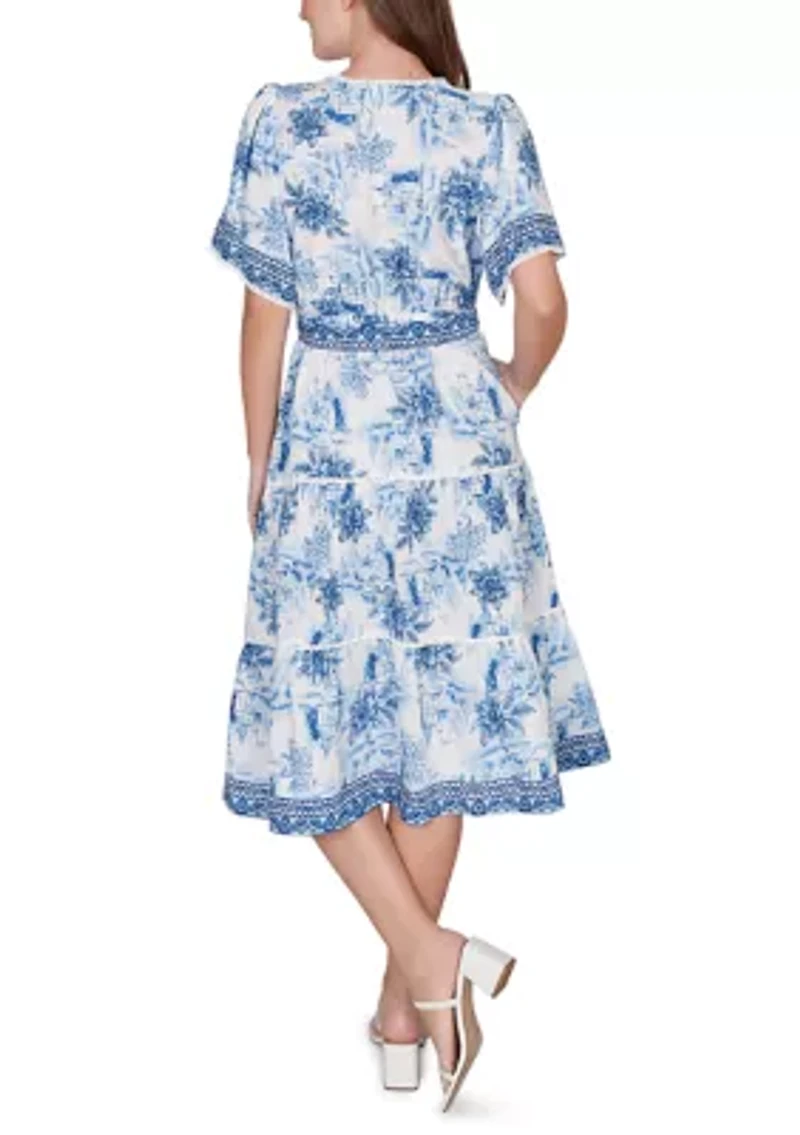 Women's Floral Toile Tie-Waist Tiered Dress