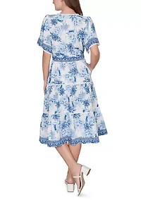Women's Floral Toile Tie-Waist Tiered Dress