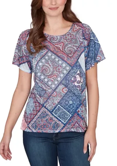 Women's Patchwork Shirred Scoop Neck Shirt