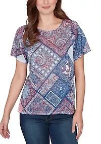 Women's Patchwork Shirred Scoop Neck Shirt