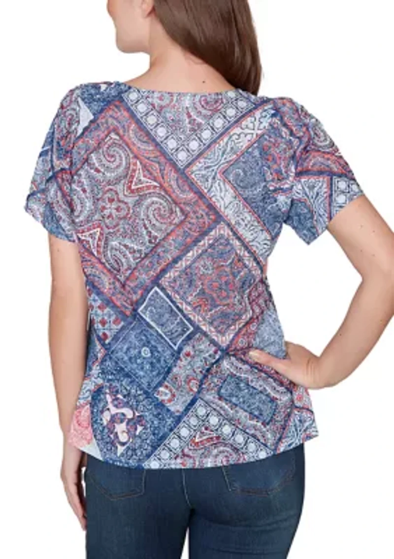 Women's Patchwork Shirred Scoop Neck Shirt