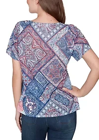 Women's Patchwork Shirred Scoop Neck Shirt