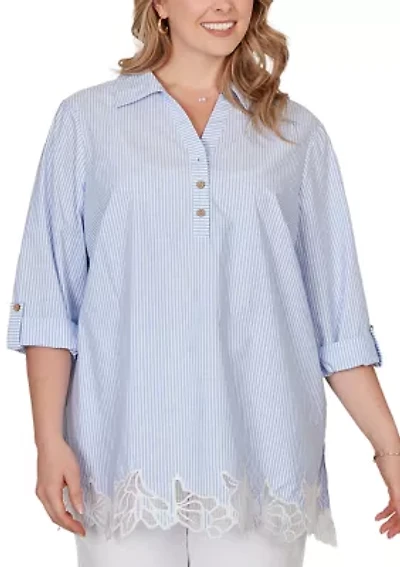 Plus Coastal Stripe Lace-Hem Henley Top