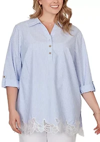 Plus Coastal Stripe Lace-Hem Henley Top