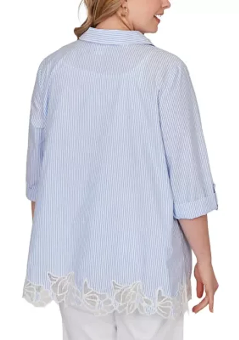 Plus Coastal Stripe Lace-Hem Henley Top