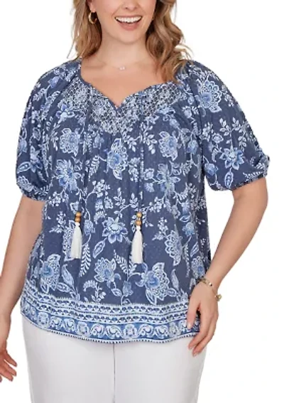 Plus Smocked Floral Clip Dot Top