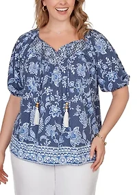 Plus Smocked Floral Clip Dot Top