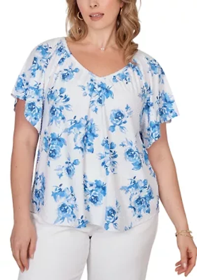 Plus Flutter Sleeve Floral Eyelet Shirt