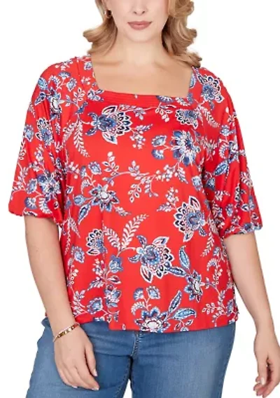 Plus Square Neck Floral Puff Print Top