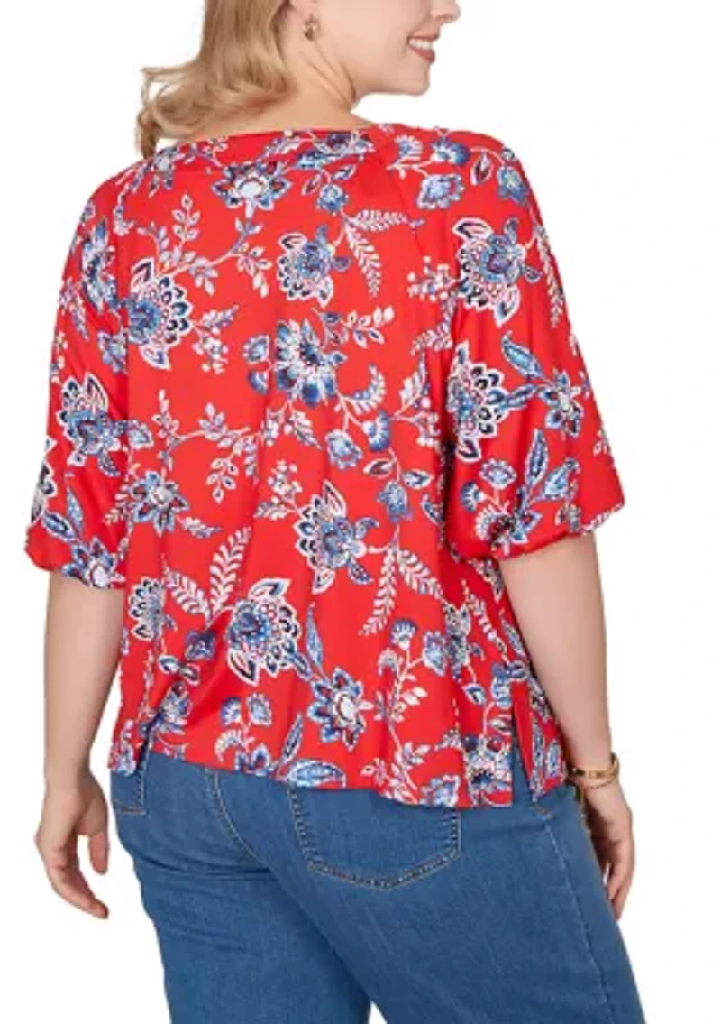 Plus Square Neck Floral Puff Print Top