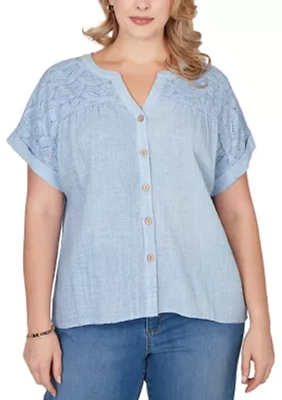 Plus Paisley Embroidered Gauze Button Top