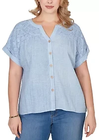 Plus Paisley Embroidered Gauze Button Top