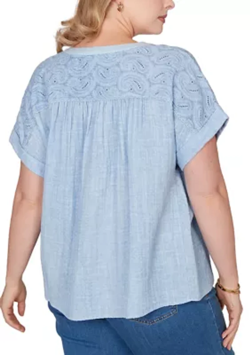 Plus Paisley Embroidered Gauze Button Top