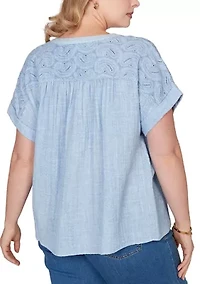 Plus Paisley Embroidered Gauze Button Top
